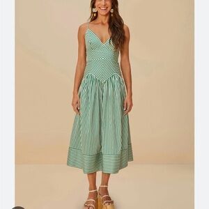FARM Rio Bicolor Stripes Green and White Striped Midi Dress